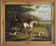Large Vintage Oil Painting English Fox Hunt Horses Hounds Hunting Scene Art
