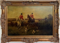 Large Vintage Oil Painting English Fox Hunt Horses Hounds Hunting Scene Signed