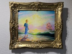 N.I. Dobritsin Russian Oil Painting At Dawn Girl Scarlet Sails Seascape Signed