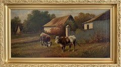 Antique Oil Painting on canvas Cows Farm Landscape Pastoral Scene Signed Framed