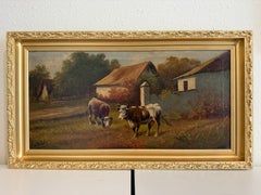 Antique Oil Painting on canvas Cows Farm Landscape Pastoral Scene Signed Framed