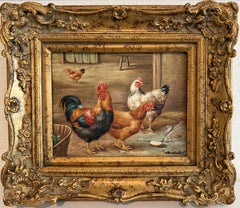 Vintage Signed Rooster and Chickens Oil Painting Farmyard Hen Scene, Gold Frame