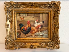 Vintage Signed Rooster and Chickens Oil Painting Farmyard Hen Scene, Gold Frame