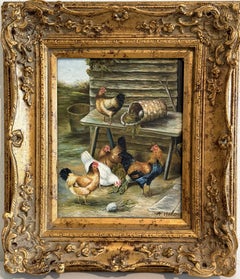 Vintage Signed Rooster and Chickens Oil Painting Farmyard Hen Scene, Gold Frame