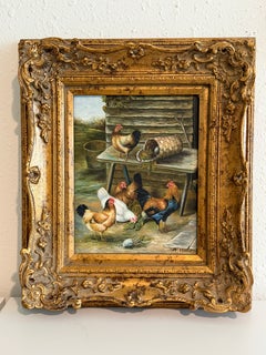 Vintage Signed Rooster and Chickens Oil Painting Farmyard Hen Scene, Gold Frame