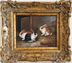Quadro a olio vintage di R Mario con tre coniglietti, tema rustico, cornice dorata