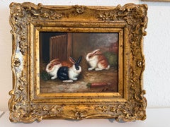 Quadro a olio vintage di R Mario con tre coniglietti, tema rustico, cornice dorata
