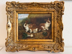 Quadro a olio vintage di R Mario con tre coniglietti, tema rustico, cornice dorata