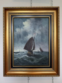 Signiertes Ölgemälde im Vintage-Stil: Stürmische See, Fischerboote, maritime Meereslandschaft, gerahmt