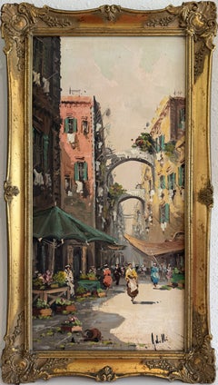 Antonio De Vity (1901–1993) Ölgemälde: Italienische Straßenmarktszene, Stadtansicht