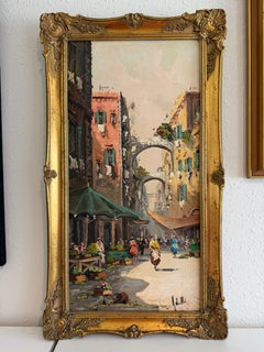 Antonio De Vity (1901–1993) Ölgemälde: Italienische Straßenmarktszene, Stadtansicht