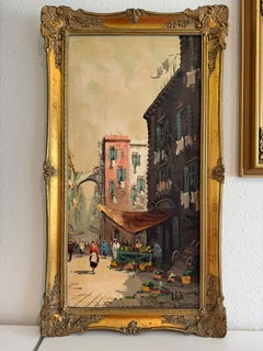 Antonio De Vity (1901–1993) Ölgemälde: Italienische Straßenmarktszene, Stadtansicht