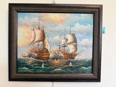 Original Marine Naval Battle Oil Painting Sailing Ships Seascape Framed, Signed