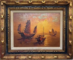 Vintage Chinese Junk Boats Sunset Oil Painting Signed Young Asian Seascape Frame