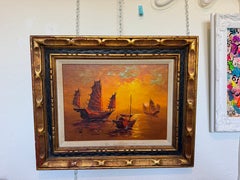 Vintage Chinese Junk Boats Sunset Oil Painting Signed Young Asian Seascape Frame