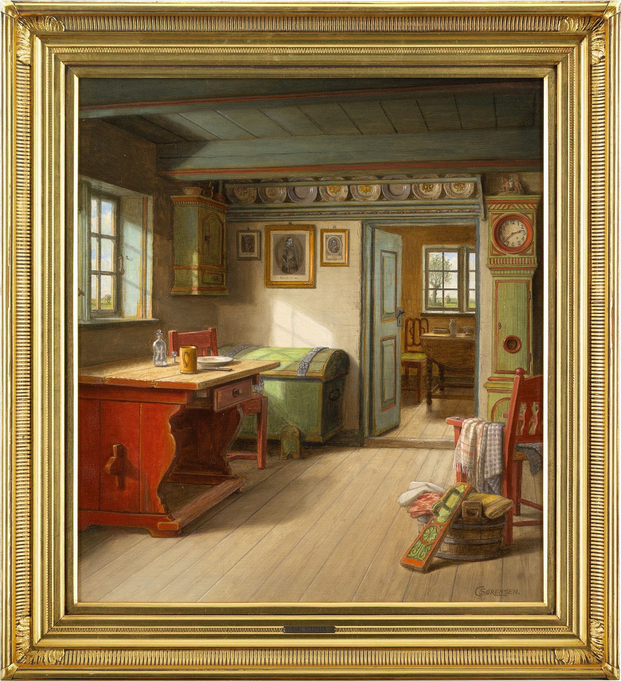 This charming mid-20th-century oil painting by Danish artist C. Sørensen depicts a traditional home illuminated by warm sunlight.

Sørensen's interiors are meticulous, affectionate records of domestic life. Here, virtually every element has been