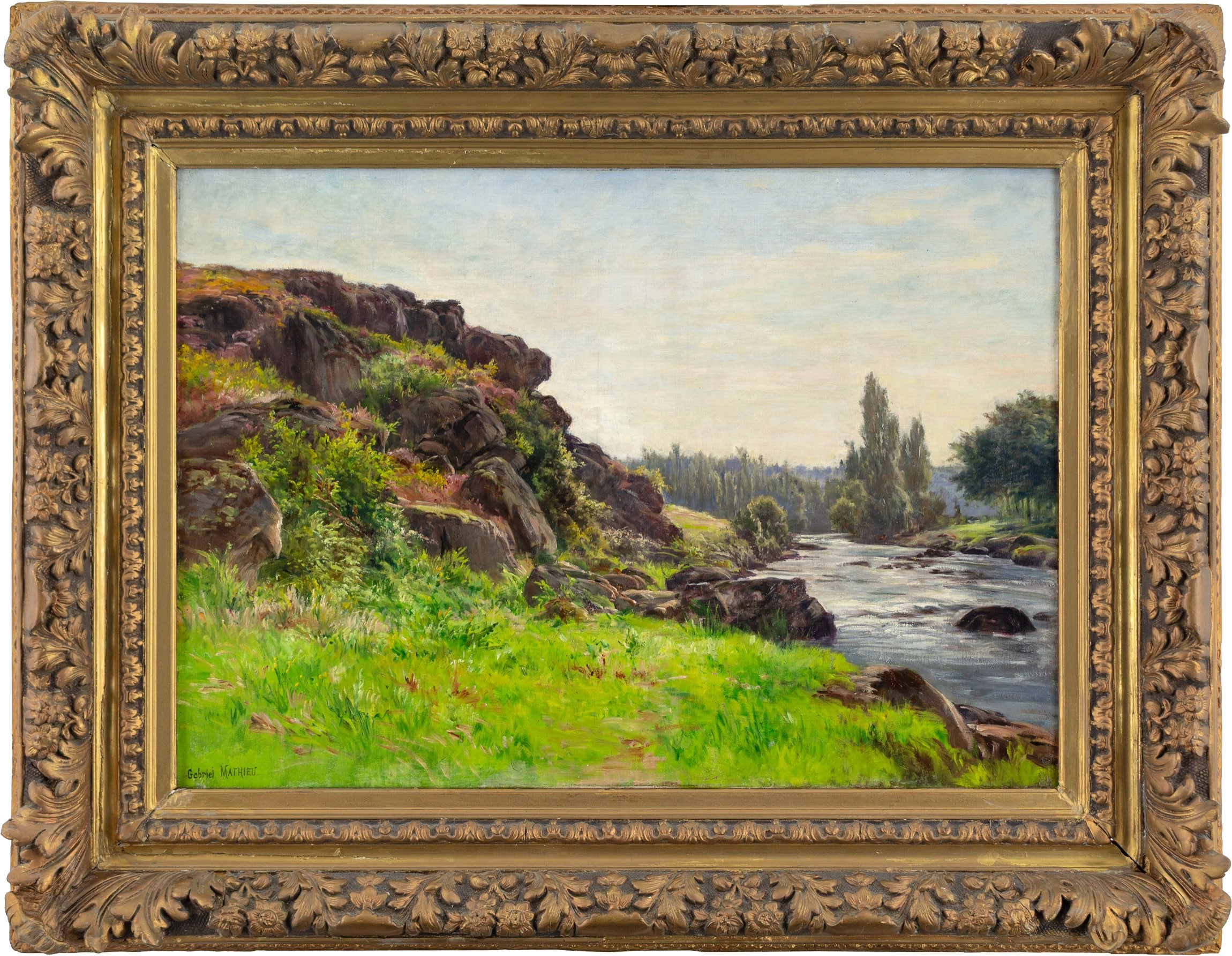 Gabriel Mathieu Figurative Painting - A Walk By The River, French 19th-Century Landscape Painting