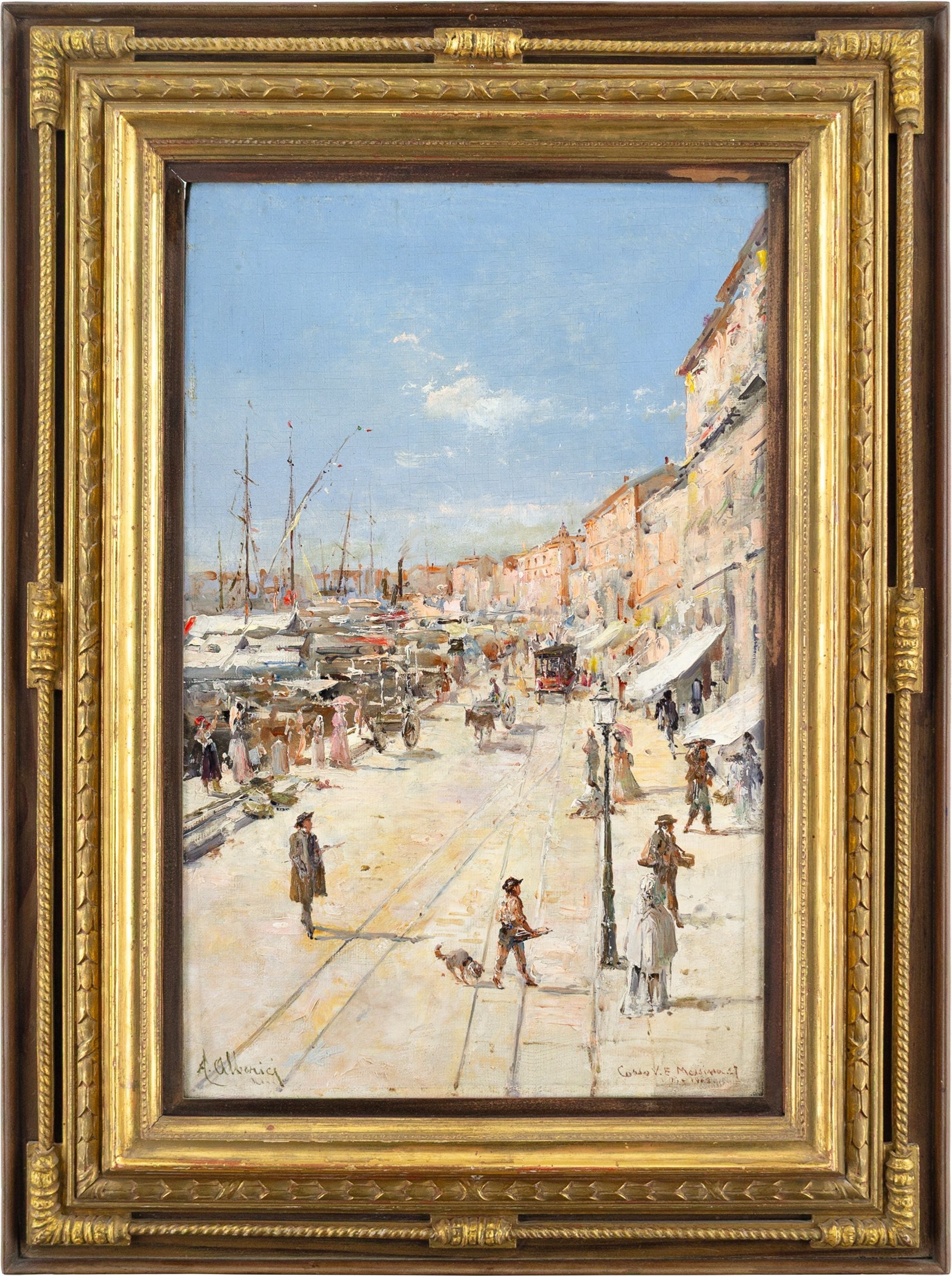 Corso Vittorio Emanuele, Messina, Sicilia, pintura al óleo italiana