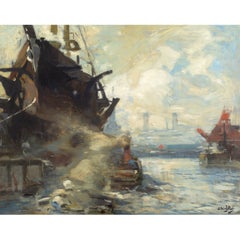 A Hospital Ship In Wartime, Early 20th-Century French War Artist Oil Painting