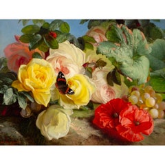 Roses, Poppies, Grapes & Butterfly, 19th-Century Still Life Painting
