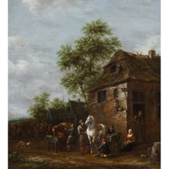 Travellers At A Roadside Stopping Place, Late 17th-Century Dutch Oil Painting