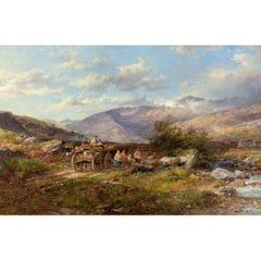 Travellers & A Timber Cart Beneath Snowdon, Antique Oil Landscape Painting