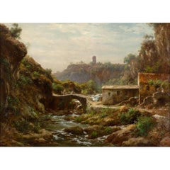 Italienische Landschaft mit Reisenden, die eine Bogenbrücke überqueren, antike Landschaft