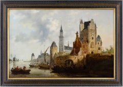 A Fortified Town On A River, 18th-Century Antique Oil Painting