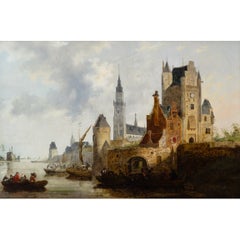 A Fortified Town On A River, 18th-Century Antique Oil Painting