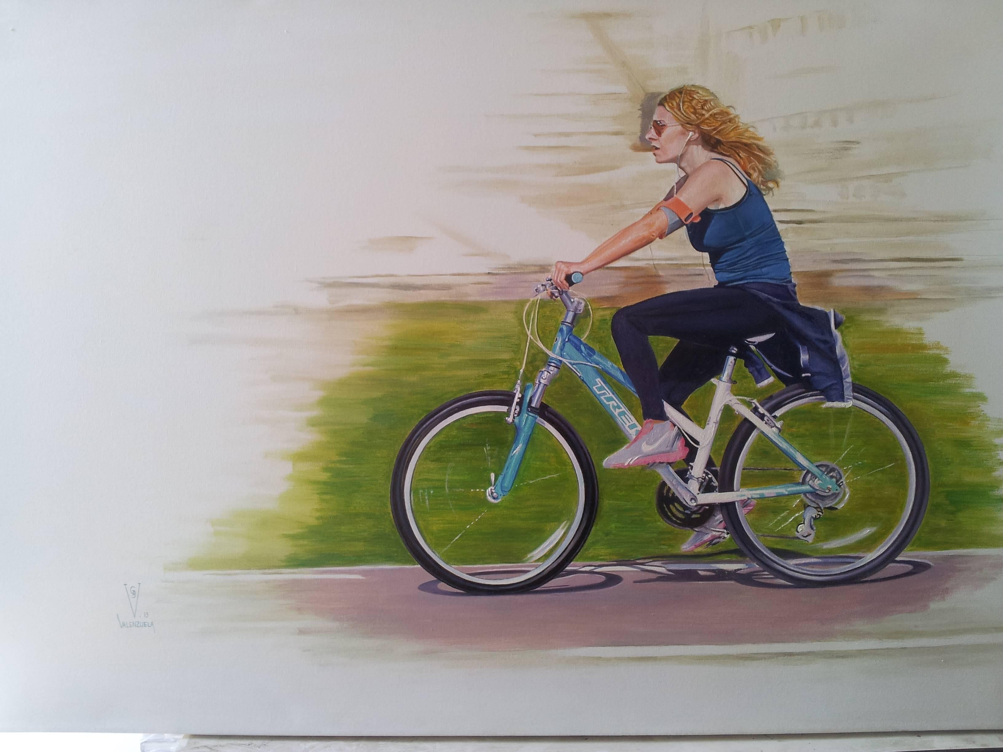 Gustavo Valenzuela Figurative Painting - Girl on Bicycle 