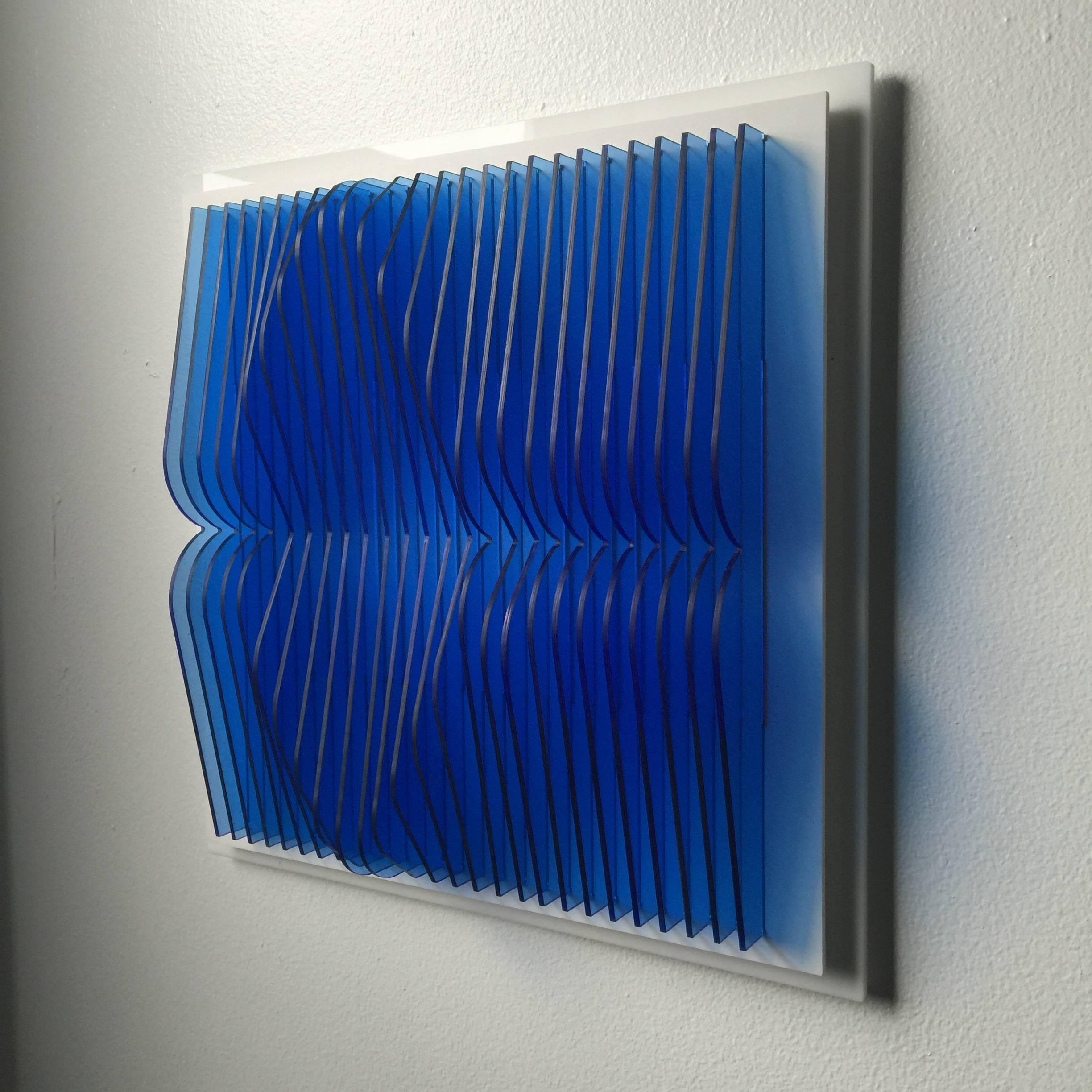 Trans Blue Pond - kinetic wall sculpture by J. Margulis - Art by Jose Margulis