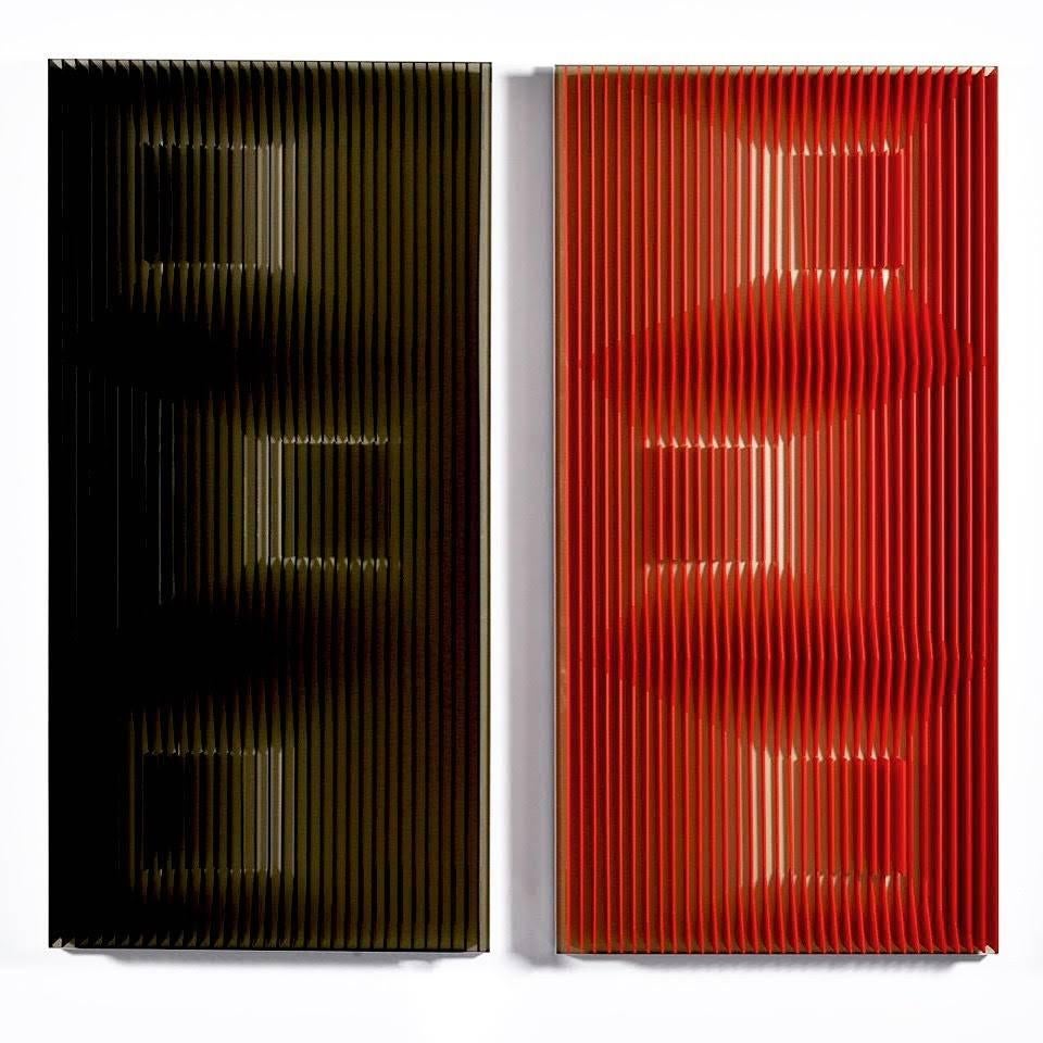 Jose Margulis Abstract Sculpture - Gold Slides (Red and black) - diptych kinetic wall sculpture by J. Margulis