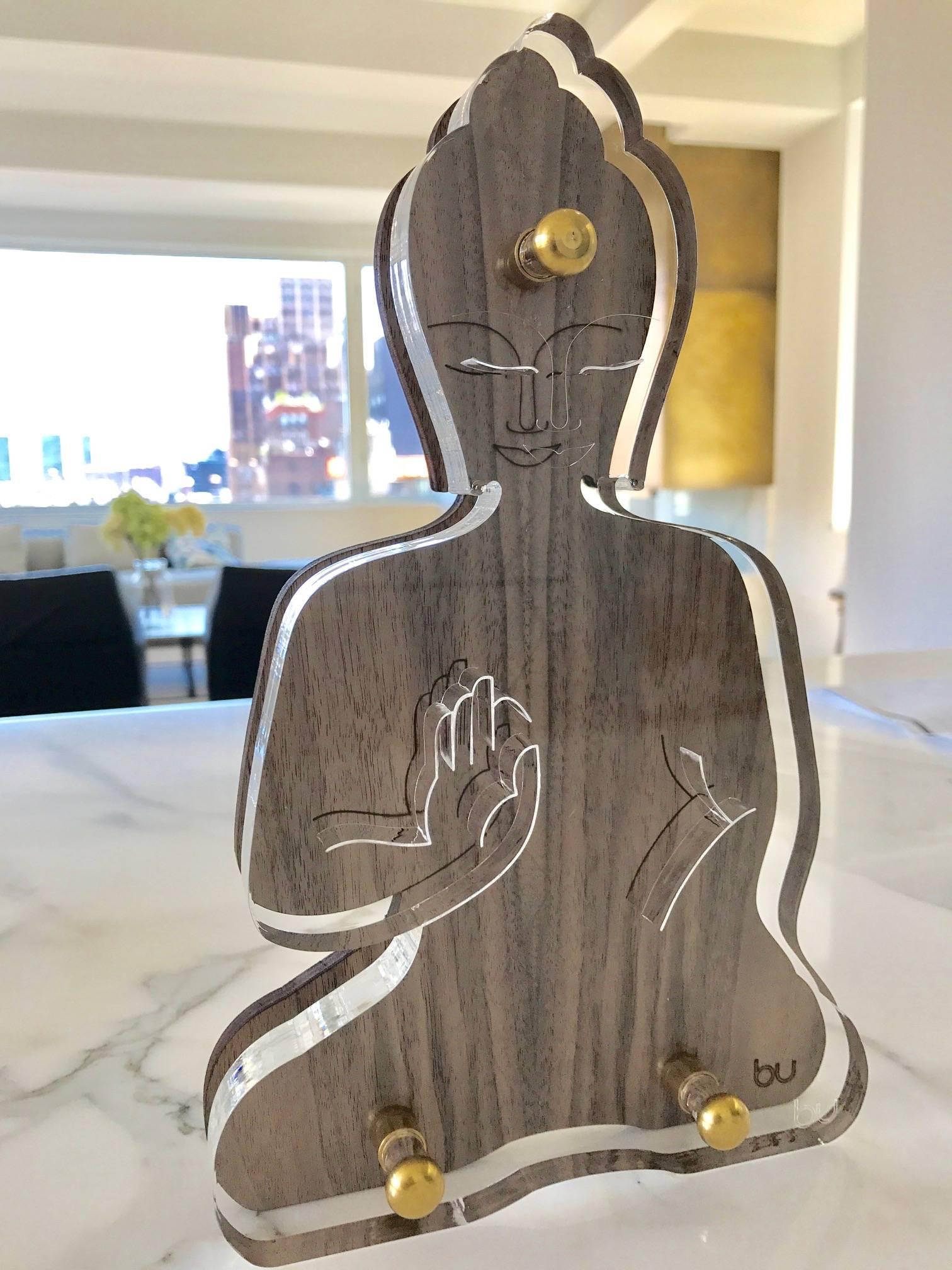 Unknown Figurative Sculpture - Contemporary Buddha wooden acrylic sculpture