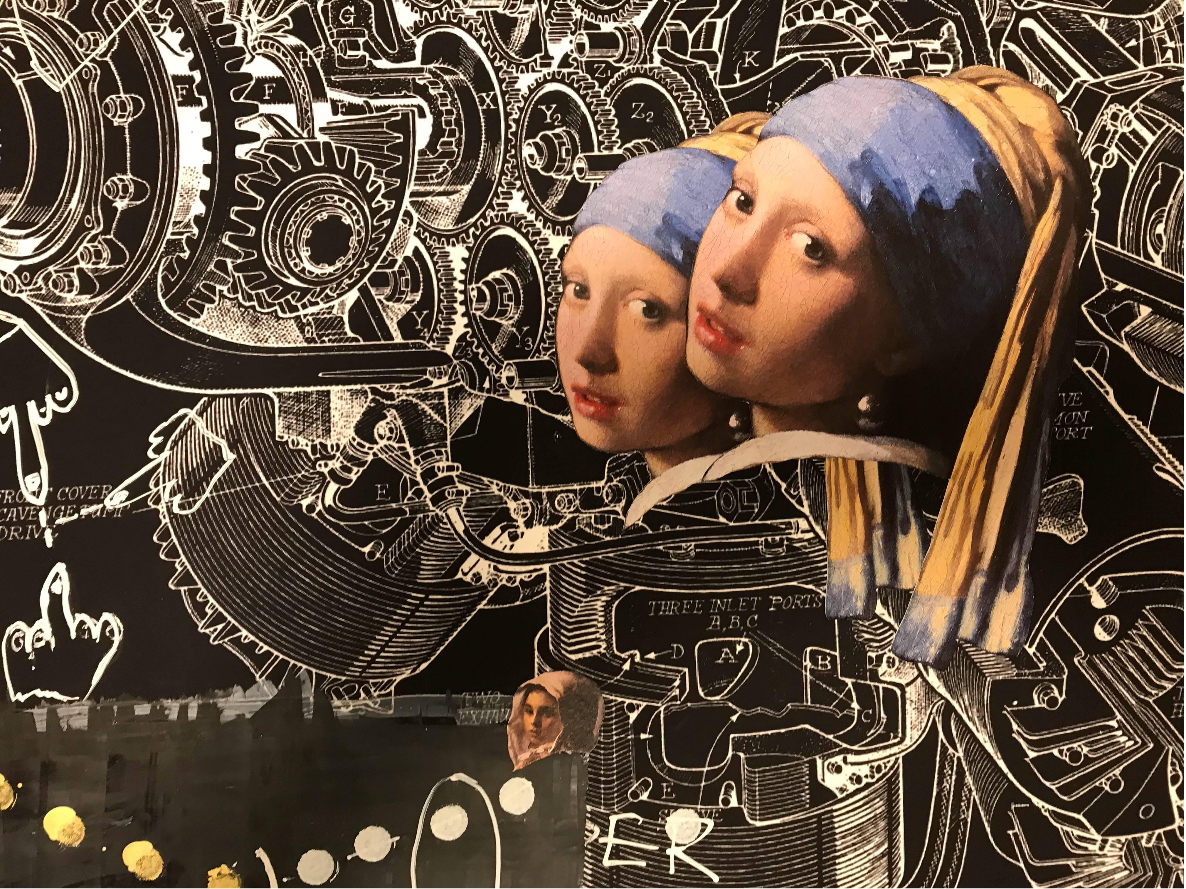 Un collage avec une boucle d'oreille en perles - Contemporain Mixed Media Art par Alon Seifert