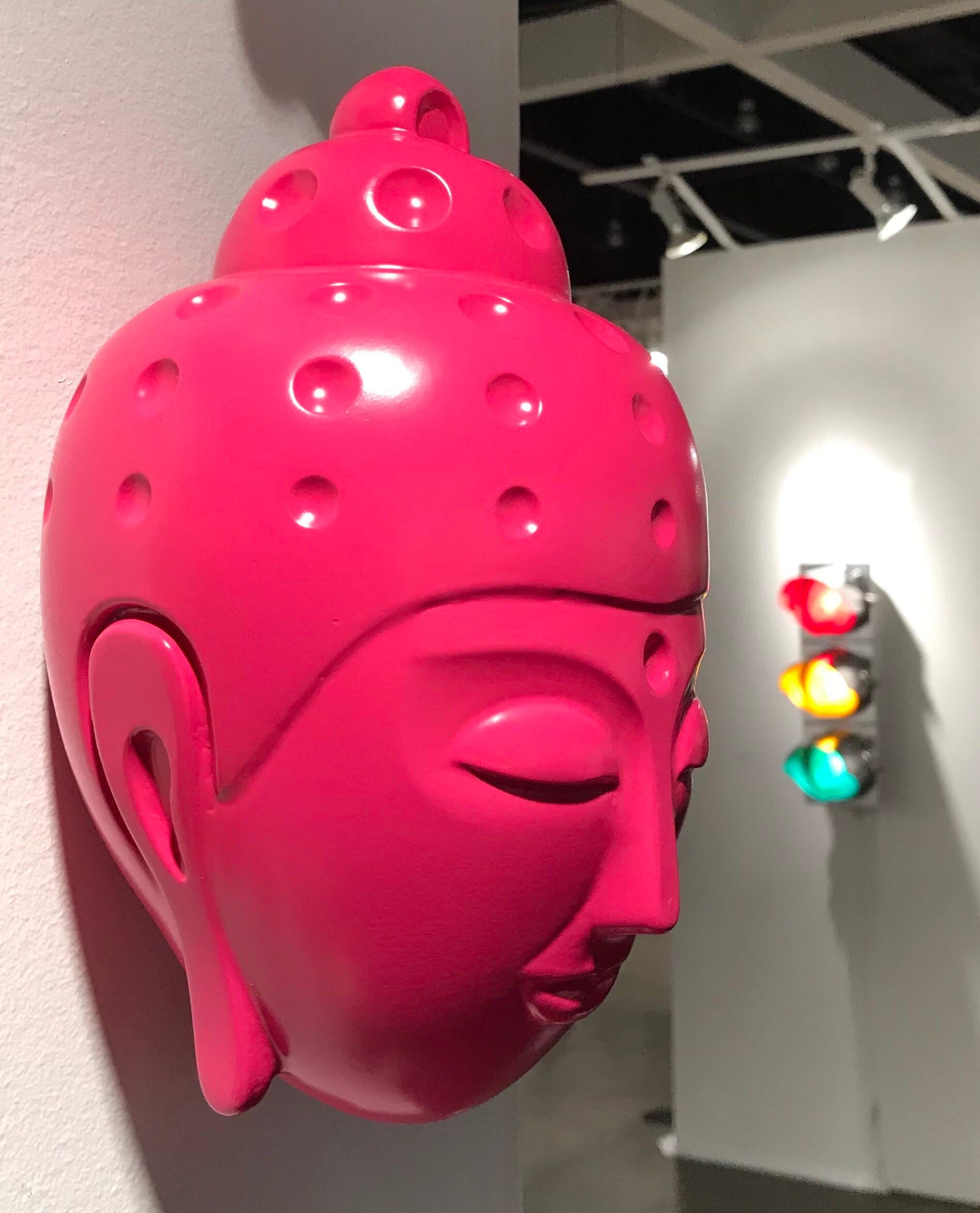 Floating Buddha head Statue - Bright Pink - Black Figurative Sculpture by Tal Nehoray