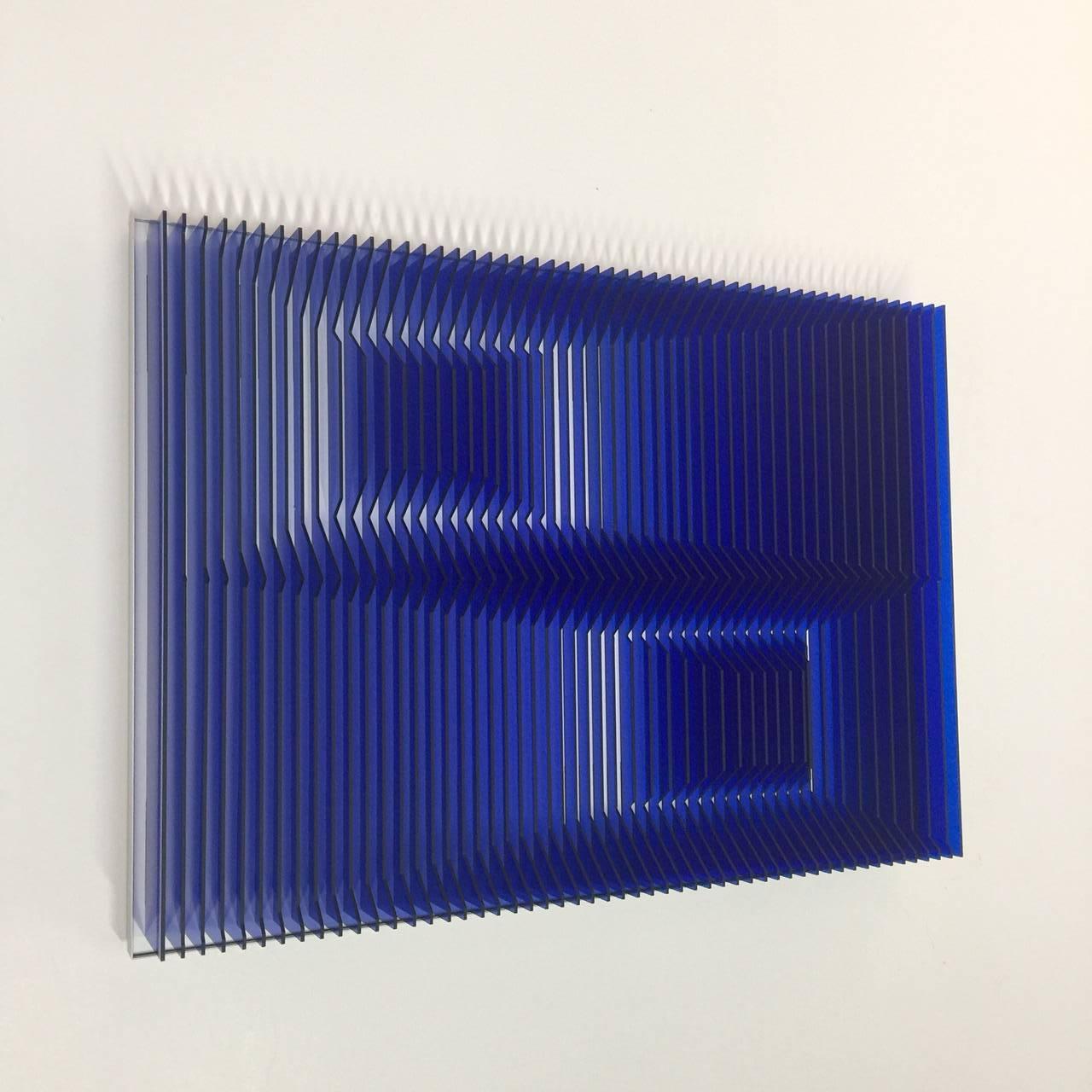 Cross perspectives Blue - kinetic wall sculpture by J. Margulis - Kinetic Print by Jose Margulis