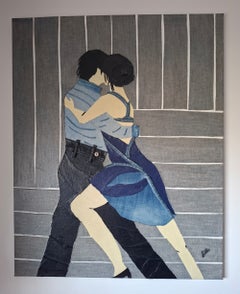 „Between us“ – Collage aus Jeans und Denim mit Struktur, 100 × 80 cm