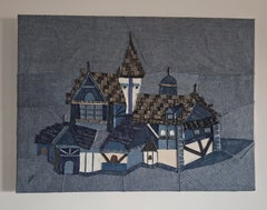 Indigo village - Collage con texture di jeans e denim, 54x73 cm