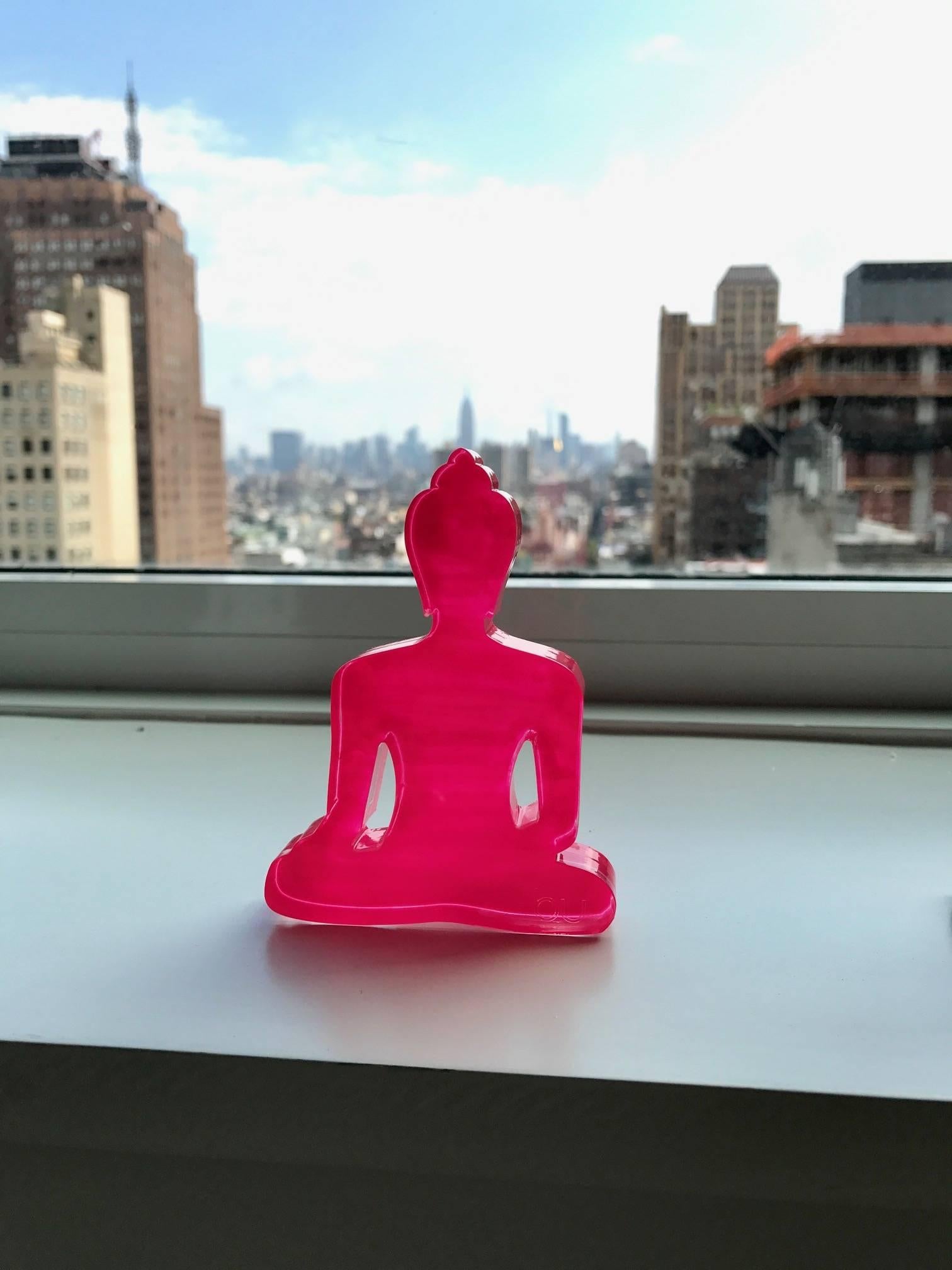 These colorful meditating Buddha silhouette statues are laser cut Plexiglas and acrylic hand painted.
They can stand alone, or come in couples, trios or more... 
This is a unique statue that will start off a conversation and will bring a stylish