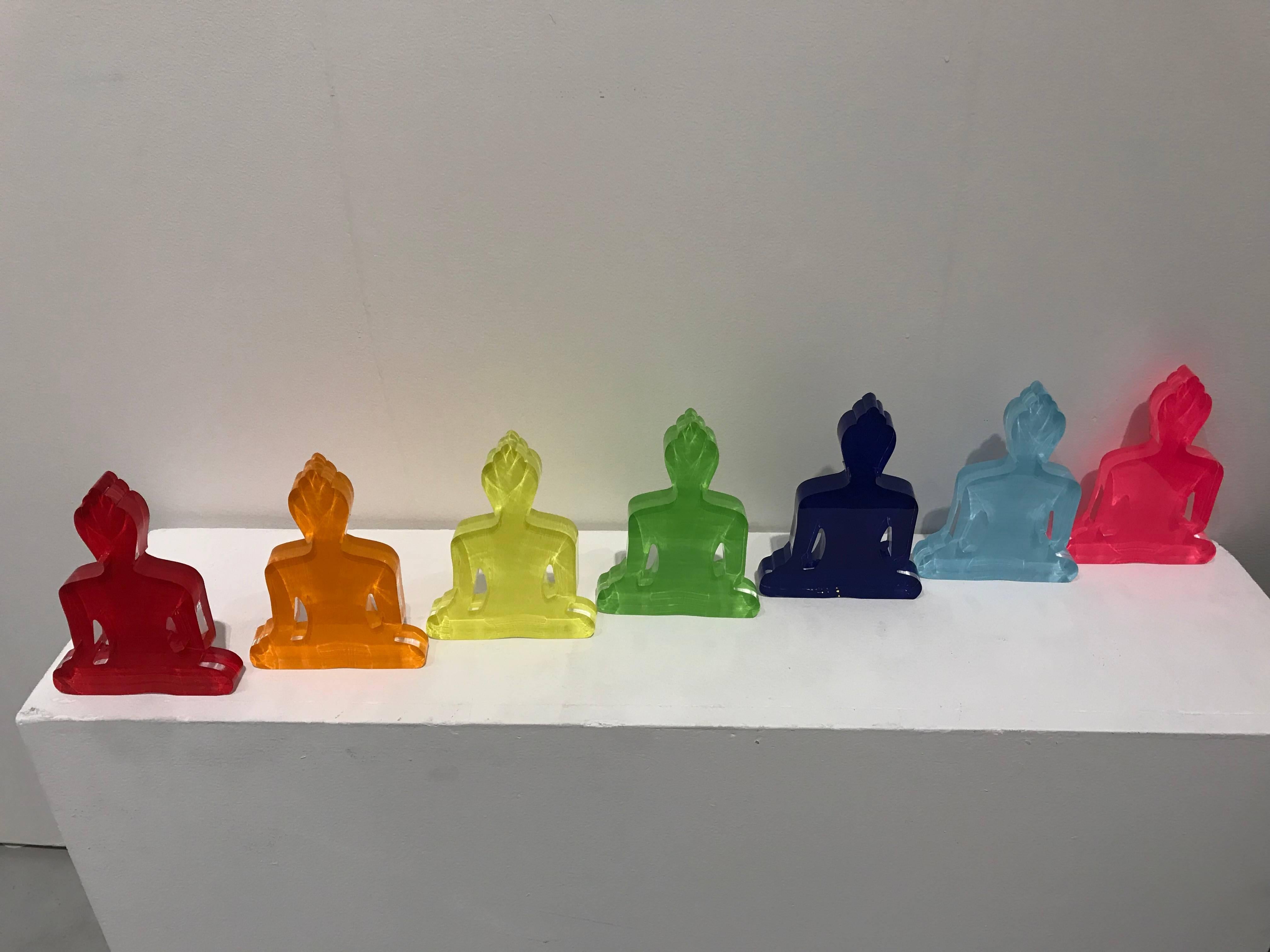 The Rain-bu, 7 contemporary Buddha statues, hand painted plexiglas - Sculpture by Unknown
