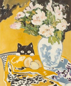 Yi Fu Still Life Original Oil On Canvas "Cat & Flowers"