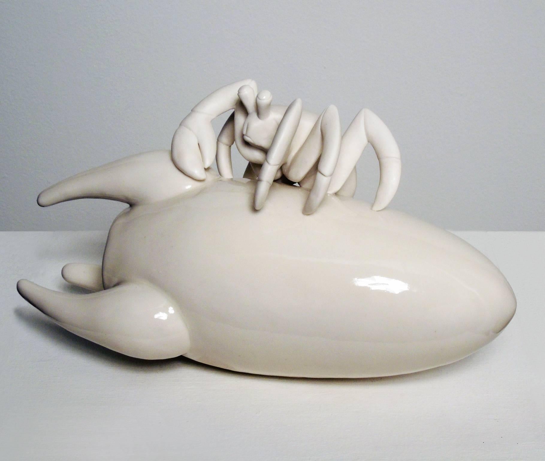Starter Pet Adaptation - white crab on rocket - Sculpture by Bethany Krull