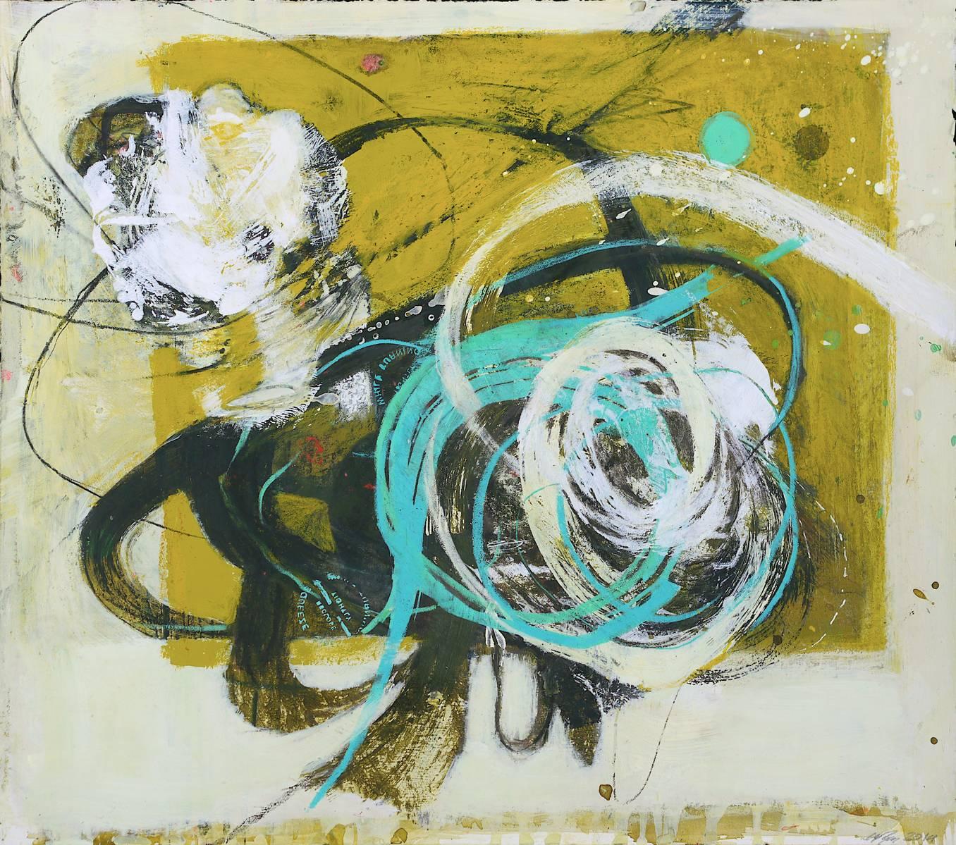 "Beetles Prosody" is by Melissa Zarem, an abstract painter who combines expressive gestures, layered textures and formal graphic elements. It features black, white and turquoise against off-yellow. Zarem currently lives and works in Ithaca, New