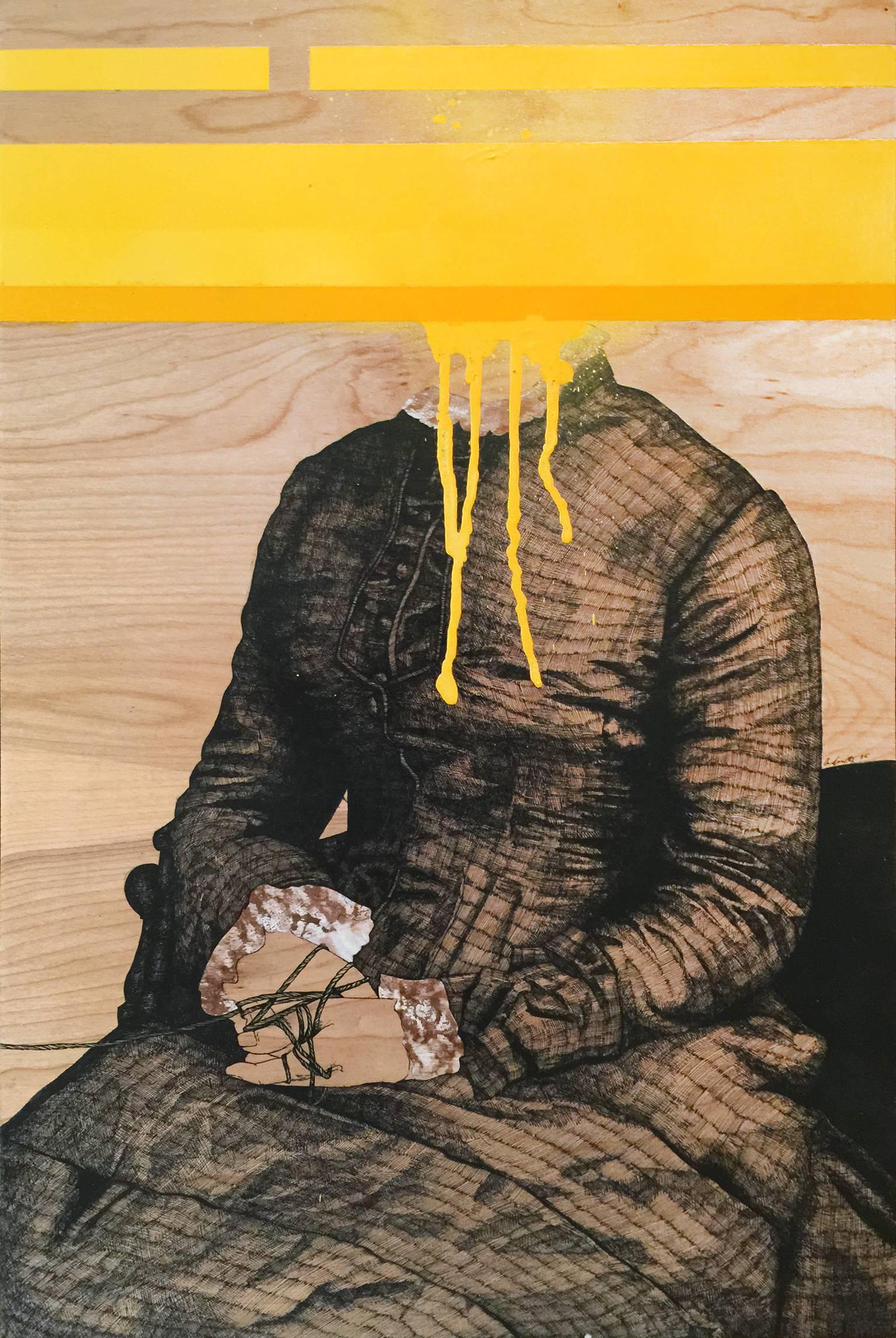 Tethered (R) -seated figure with orange paint - Art by Anne Muntges