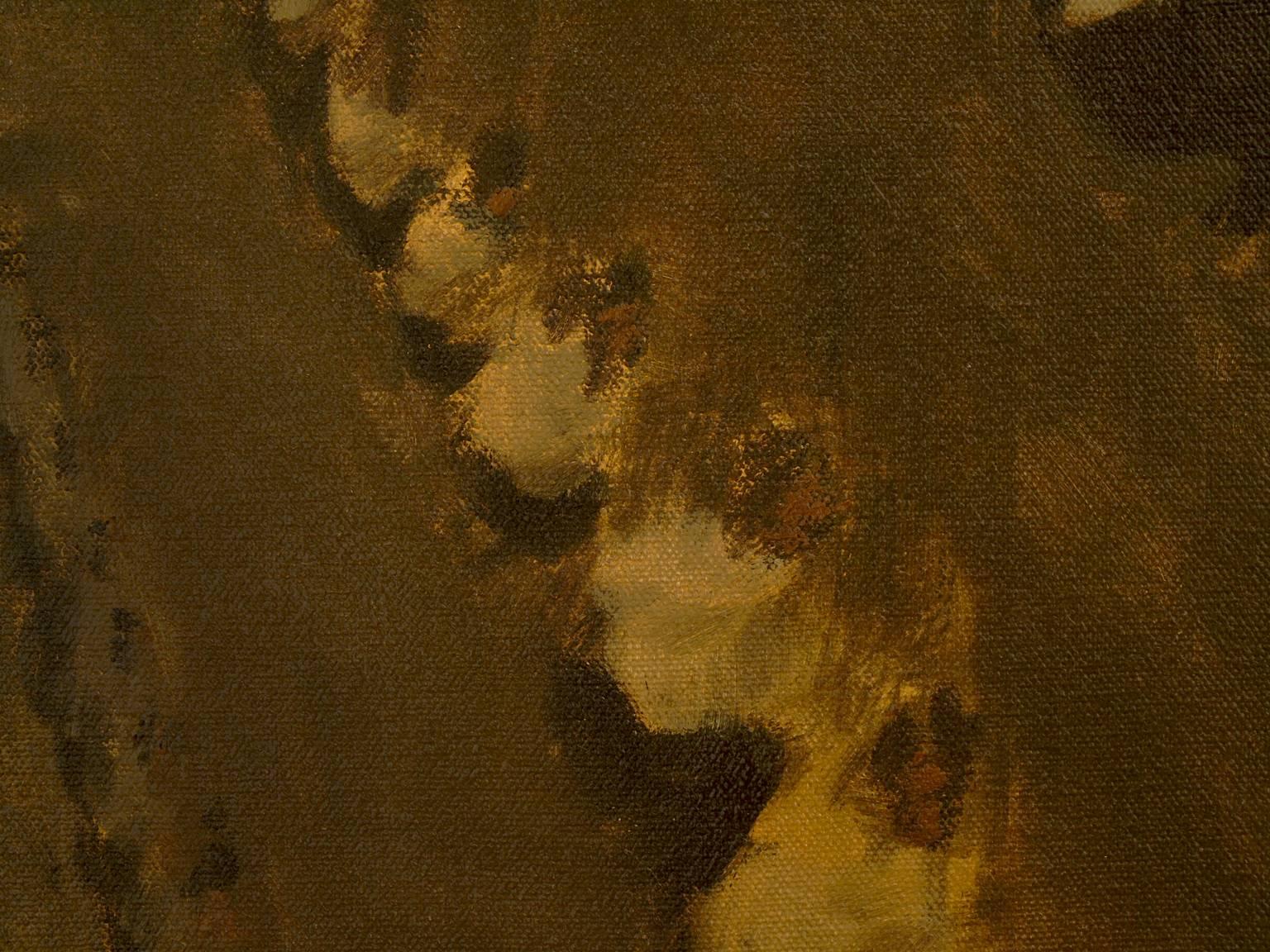 '#4' by Samuel C. Guy uses repetition to create an edgy psychological feel. A male figure is pressed against a plane, and repeated in rows that diminish into the distance. Guy's limited neutral palette and gestural painting technique add to this