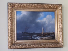 Seacoast with an Approaching Storm and Several Sailing Vessels, Marine painting