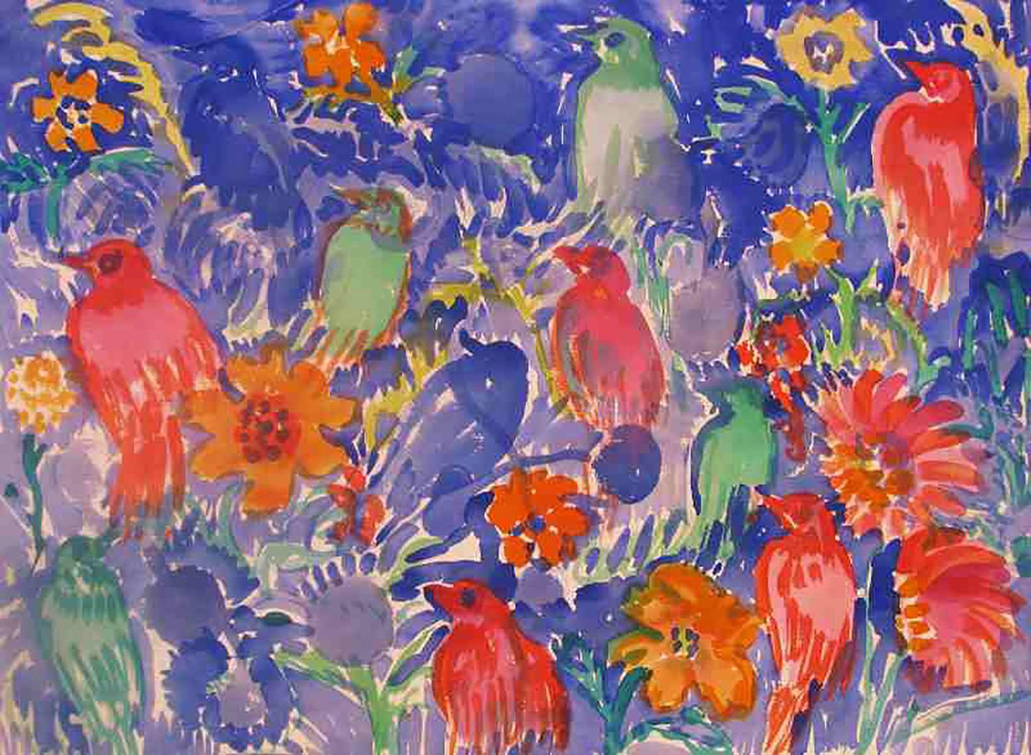 Hunt Slonem Animal Painting - Finches on Blue