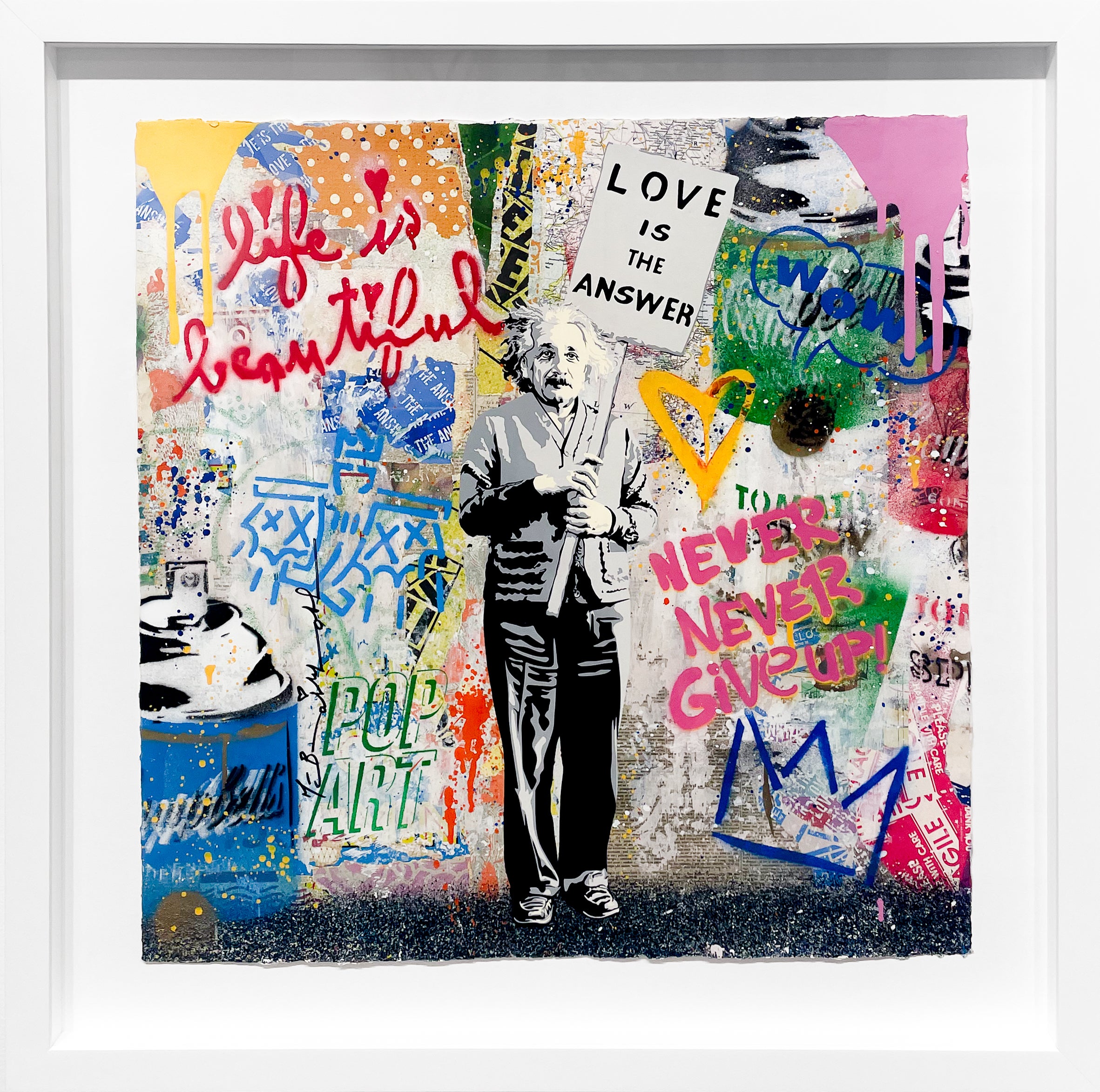 Mr. Brainwash « Einstein » Œuvre unique en techniques mixtes sur papier