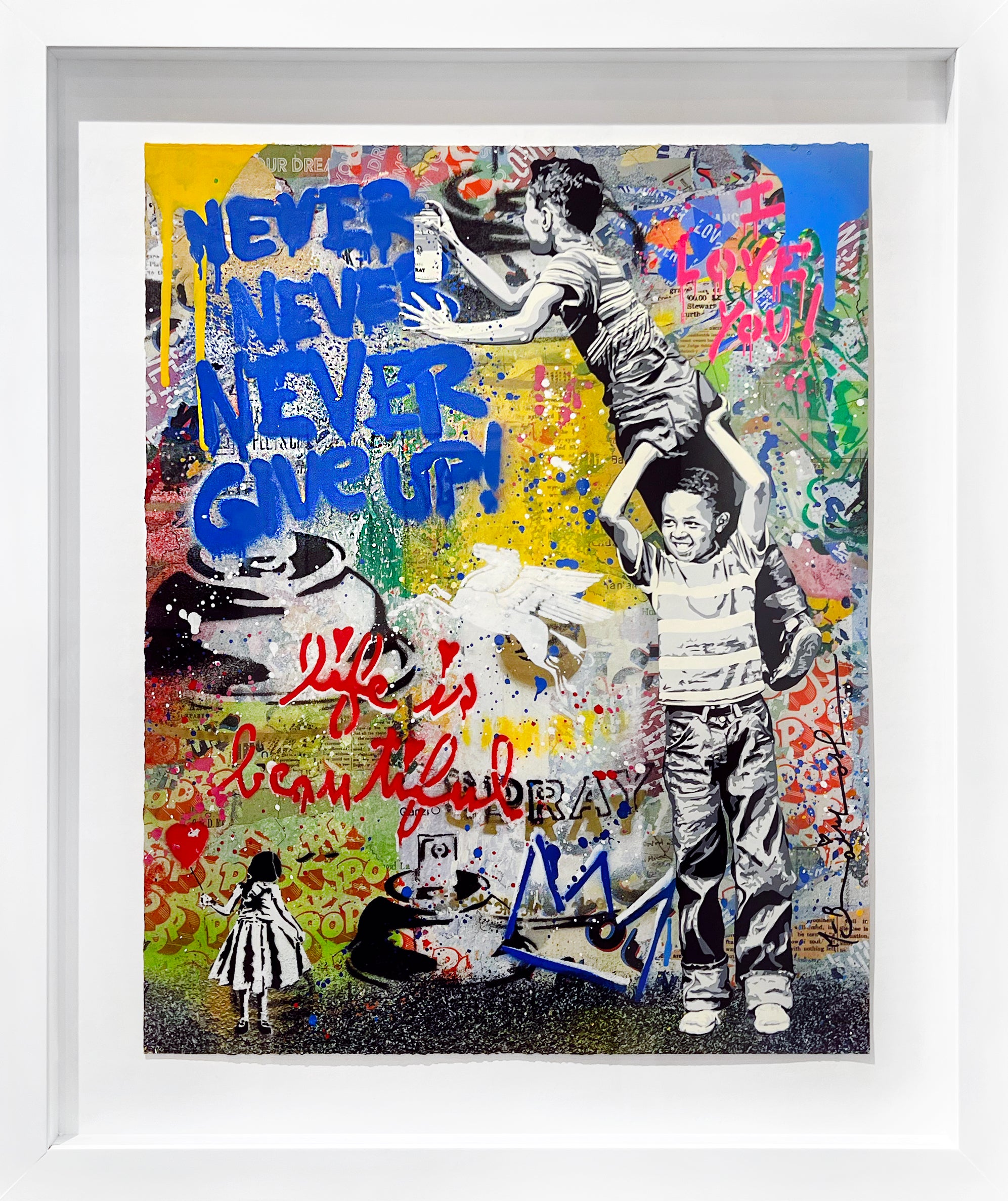 Artist:  Brainwash, Mr.
Title:  Never, Never Give Up!
Date:  2026
Medium:  Silkscreen and Mixed Media on Paper
Unframed Dimensions:  20" x 16"
Framed Dimensions:  26" x 22"
Signature:  Signed

A provocative figure in the world of street art, Mr.