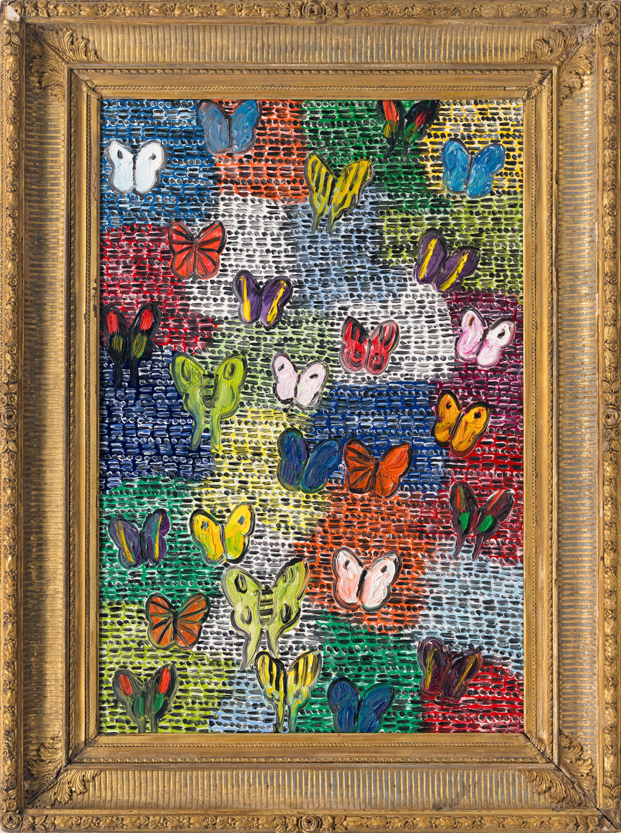 Artist:  Slonem, Hunt
Title:  Guardians & Butterflies Xervo
Date:  2026
Medium:  Oil on canvas
Unframed Dimensions:  52.5" x 34.5"
Framed Dimensions:  65" x 49"
Signature:  Signed by Artist on Verso
Edition:  Unique

Hunt Slonem is an